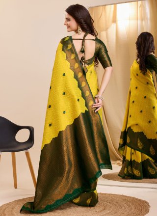 Yellow Banarasi Silk Classic Sari with Weaving Work