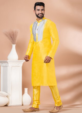 Yellow Banarasi Silk Kurta Pyjama with Fancy Work for Men