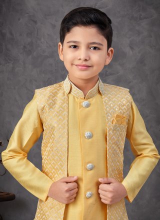 Yellow Banarasi Silk Machine Embroidery, Stone and Thread Work Indo Western Sherwani for Festival