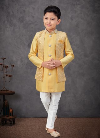 Yellow Banarasi Silk Machine Embroidery, Stone and Thread Work Indo Western Sherwani for Festival