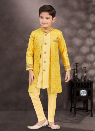 Yellow Banarasi Silk Sherwani Kids Wear