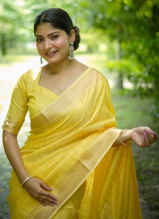 Yellow Banarasi Silk Traditional Saree with Weaving Work