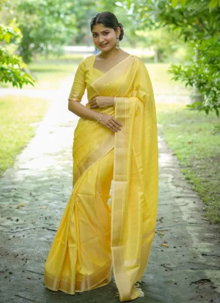 Yellow Banarasi Silk Traditional Saree with Weaving Work
