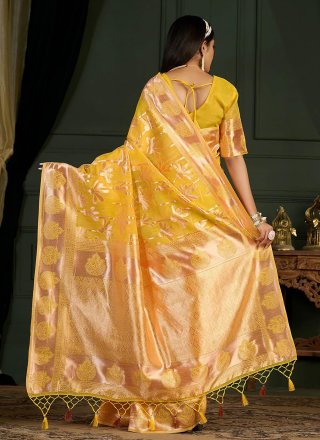 Yellow Banarasi Silk Weaving Work Designer Sari