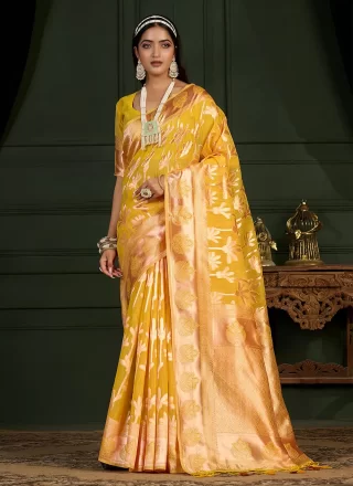 Yellow Banarasi Silk Weaving Work Designer Sari