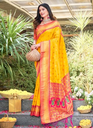 Buy Arico Silk Saree South Indian Kanchipuram wedding haldi Banarasi Cotton  Silk Sadi Yellow-Pink at Amazon.in