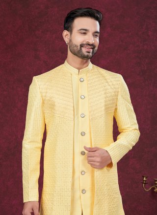 Yellow Banglori Silk Sherwani Mens Wear