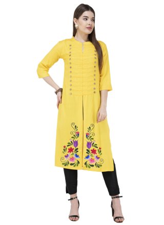 Yellow Blended Cotton Designer Kurti
