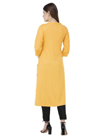 Yellow Blended Cotton Embroidered Work Casual Kurti