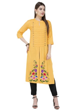 Yellow Blended Cotton Embroidered Work Casual Kurti