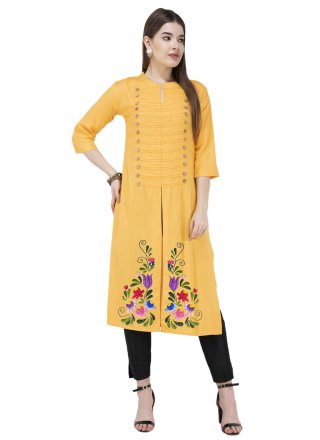 Yellow Blended Cotton Party Wear Kurti with Embroidered Work