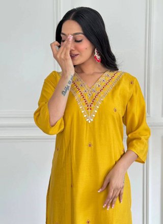 Yellow Chanderi Embroidered and Print Work Pant Style Suit