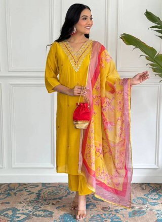 Yellow Chanderi Embroidered and Print Work Pant Style Suit