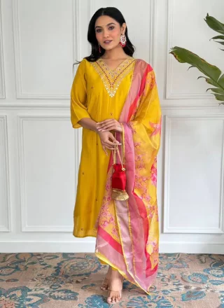 Yellow Chanderi Embroidered and Print Work Pant Style Suit