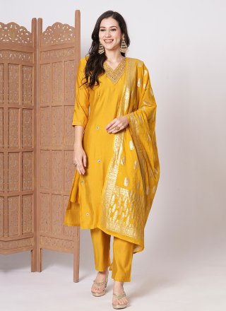 Yellow Chanderi Embroidered Work Pant Style Suit