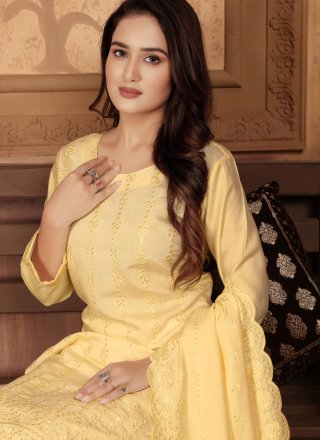 Yellow Chanderi Embroidered Work Readymade Salwar Suit for Casual