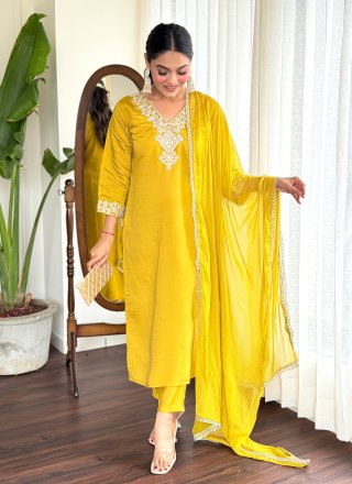Yellow Chanderi Embroidered Work Salwar Suit