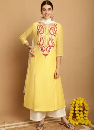Yellow Chanderi Salwar Suit with Embroidered Work for Ceremonial