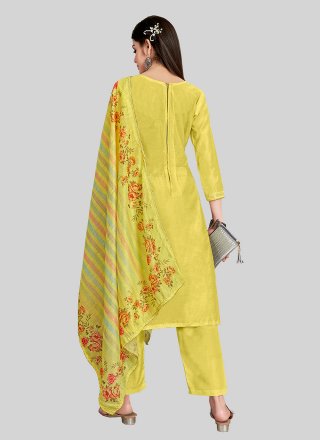 Yellow Chanderi Silk Pant Style Suit with Embroidered Work for Women