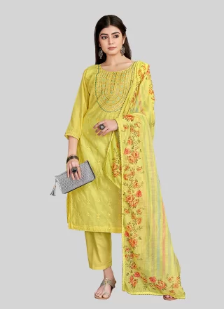 Yellow Chanderi Silk Pant Style Suit with Embroidered Work for Women