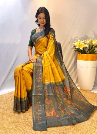 Yellow Chanderi Silk Trendy Saree with Patch Border and Print Work for Engagement