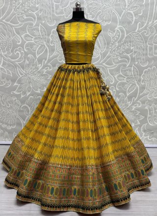 Yellow Chiffon A - Line Lehenga Choli with Lace and Print Work for Ceremonial