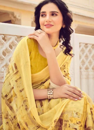 Yellow Chiffon Classic Saree with Print Work for Casual