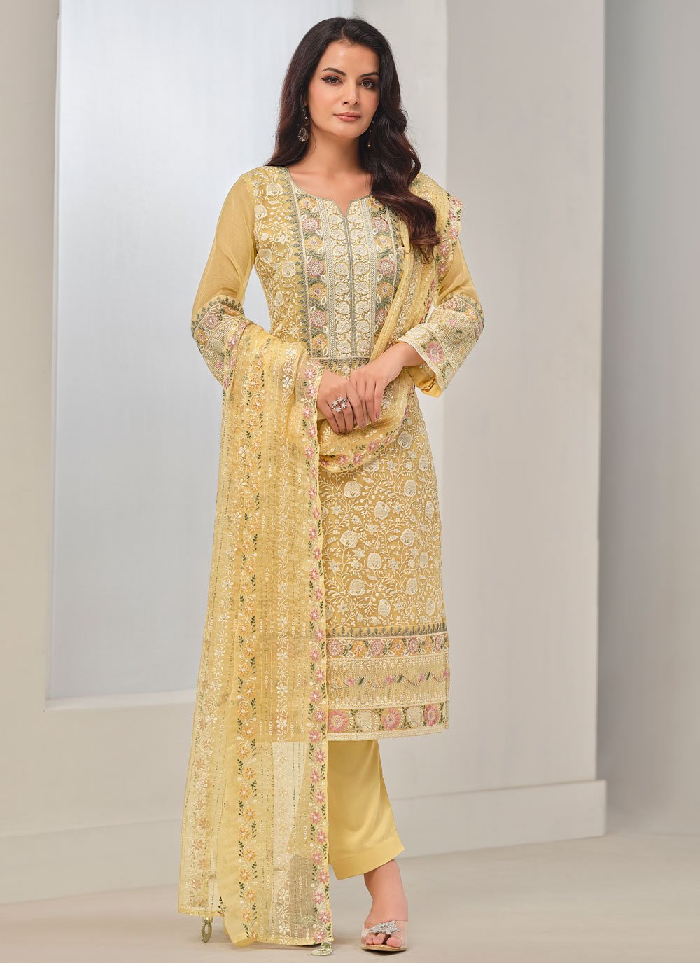 Yellow Chiffon Embroidered Work Salwar Suit for Women