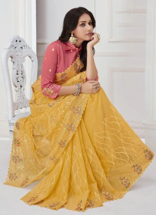 Yellow Chiffon Trendy Saree with Patch Border, Embroidered and Sequins Work for Party