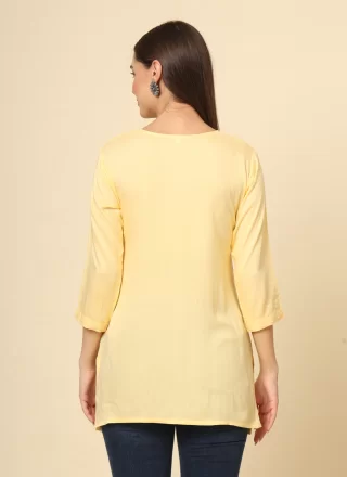 Yellow Chikankari, Embroidered and Lucknowi Work Work Rayon Casual Kurti