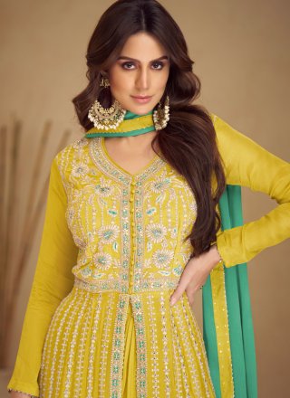 Yellow Chinon Booti and Embroidered Work Salwar Suit