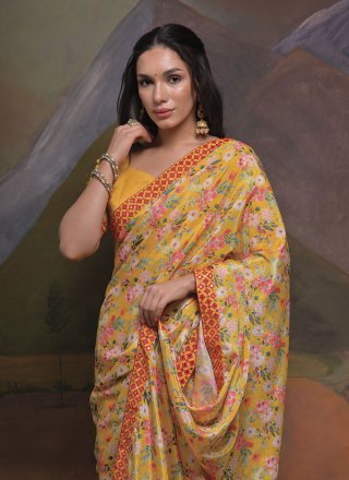 Yellow Chinon Classic Sari with Patch Border and Print Work