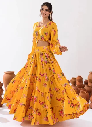 Yellow Chinon Digital Print Work Readymade Lehenga Choli for Ceremonial