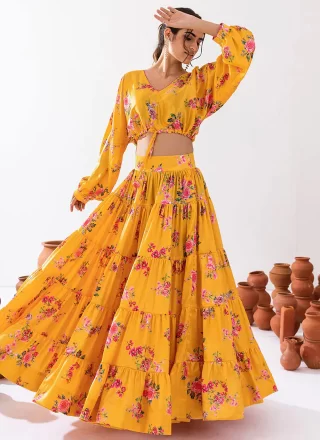 Yellow Chinon Digital Print Work Readymade Lehenga Choli for Ceremonial