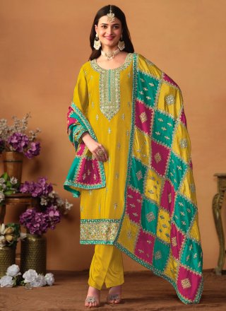 Yellow Chinon Embroidered and Sequins Work Salwar Suit