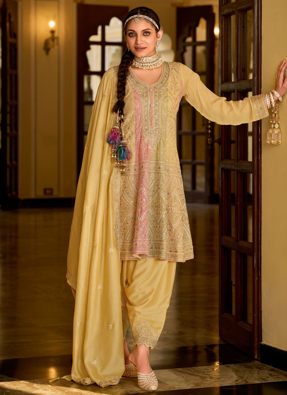 Yellow Chinon Readymade Salwar Suit with Embroidered and Sequins Work for Women