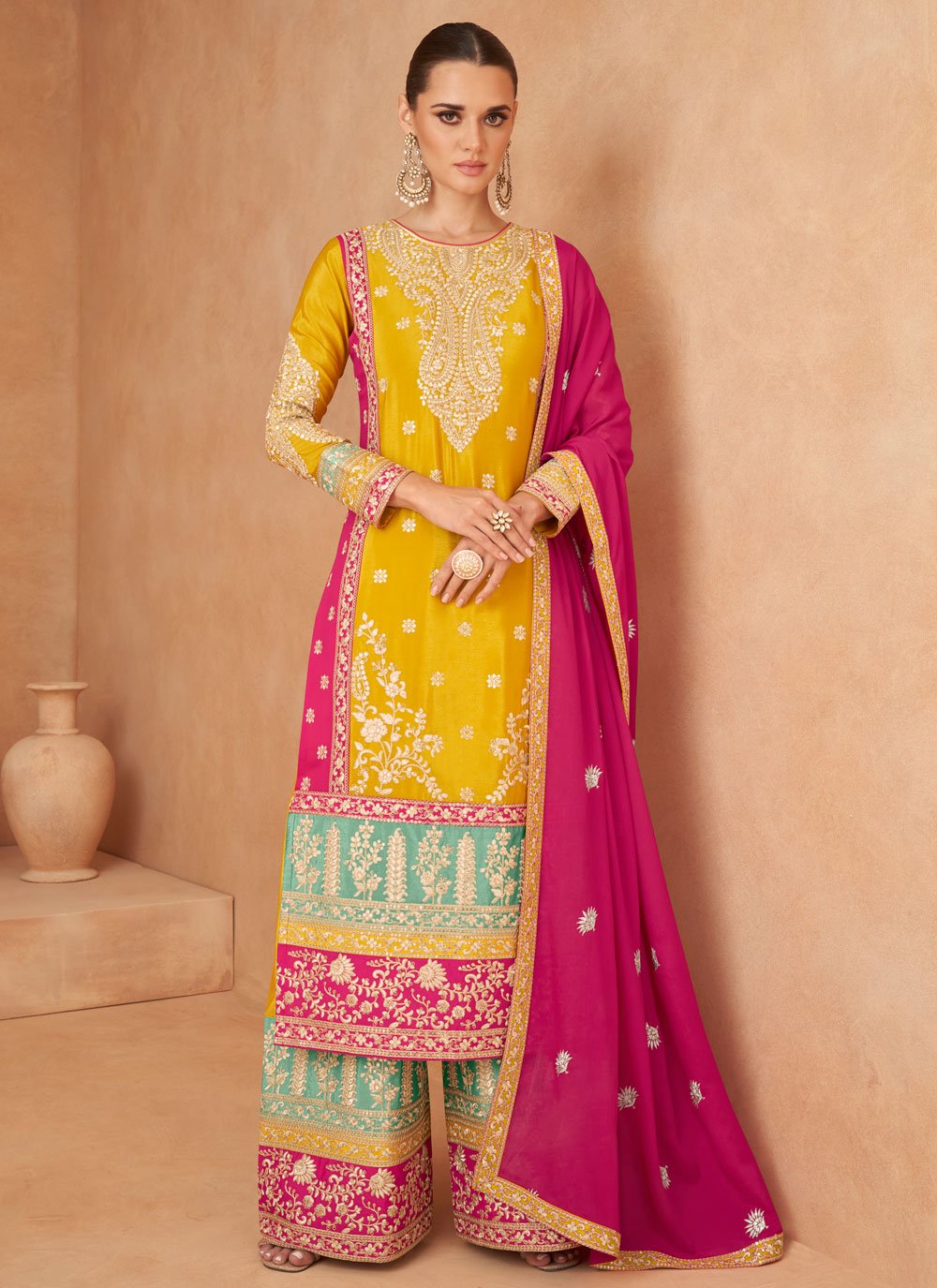 Dark pink Cotton and silk Palazzo Suit - SS0296