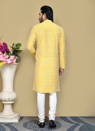 Yellow Cotton Buttons, Embroidered, Fancy and Resham Work Kurta Pyjama for Festival