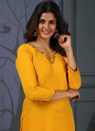 Yellow Cotton Casual Kurti with Hand Work for Casual