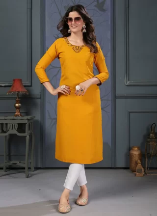 Yellow Cotton Casual Kurti with Hand Work for Casual