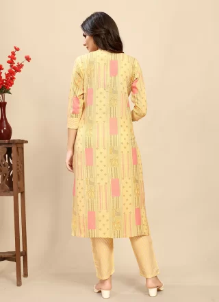 Yellow Cotton Casual Kurti with Print Work for Women