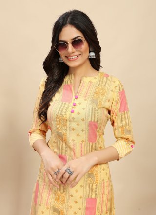 Yellow Cotton Casual Kurti with Print Work for Women