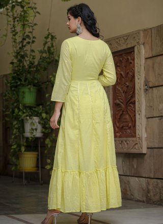 Yellow Cotton Designer Gown with