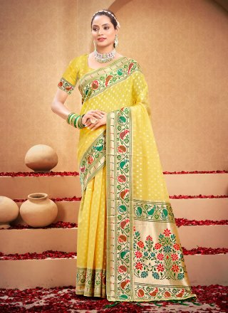 Mehendi embroidered net saree with blouse - Lilots - 3758493