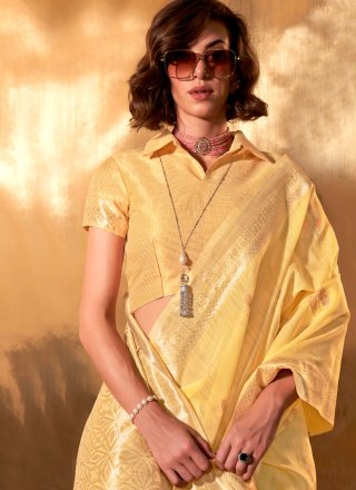 Yellow Cotton Designer Sari with Woven Work for Women
