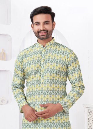 Yellow Cotton Digital Print Work Kurta Pyjama for Casual