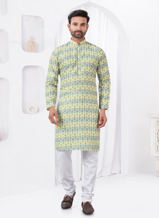 Yellow Cotton Digital Print Work Kurta Pyjama for Casual