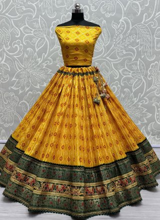 Yellow Cotton Embroidered and Print Work A - Line Lehenga Choli for Women