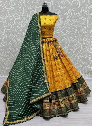 Yellow Cotton Embroidered and Print Work A - Line Lehenga Choli for Women