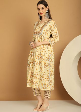 Yellow Cotton Embroidered Work Trendy Suit for Women